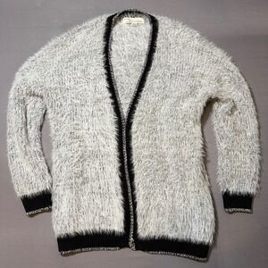 Vintage Havana Fuzzy Knit Cardigan Sweater Black White Ombre Sparkle Trim Size M